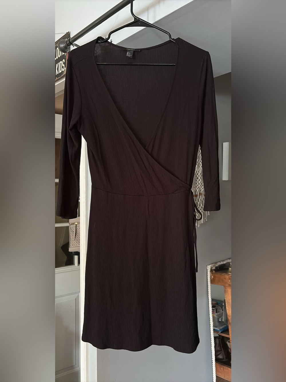 Forever 21 Black Ribbed Wrap Midi Dress - Long Sleeve